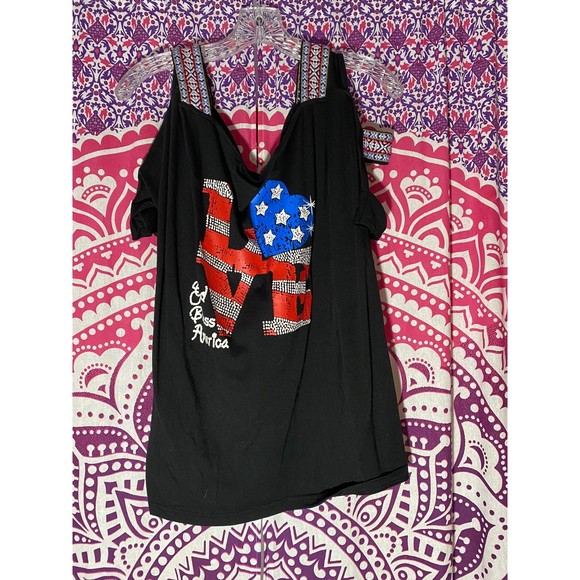 LOVE God Bless America Stars and Stripes Red White Blue Shirt Womens Size 1x - Picture 1 of 3